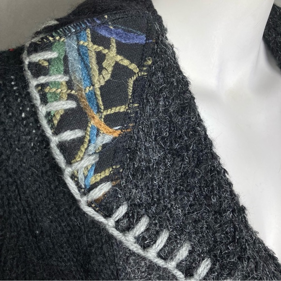 Sioni cardigan sweater medium patchwork collared black grey embroidered artsy - Picture 12 of 16